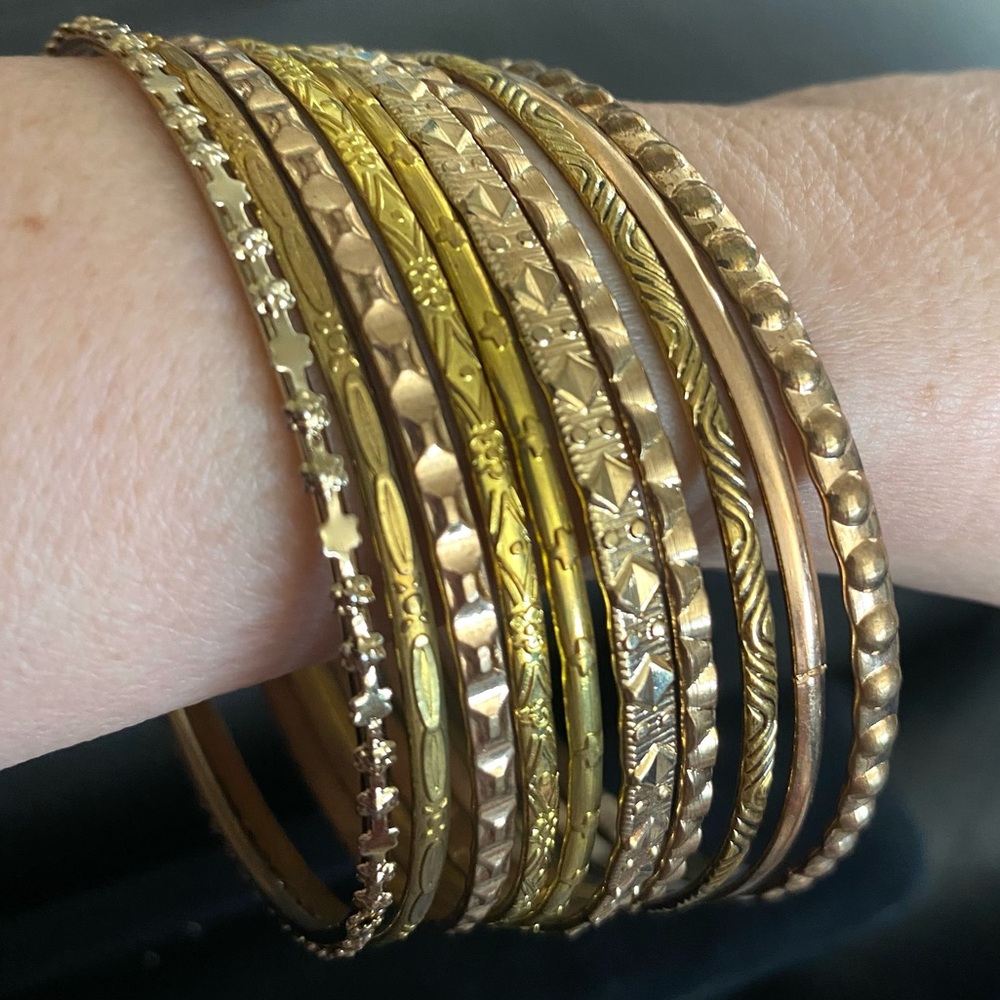 Vintage Gold Tone Assorted Stackable Bangle Bracelet Set of 10 Textured Engraved